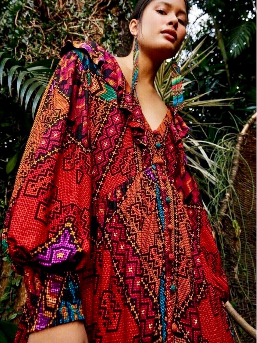 Farm Rio YAWANAWA V-neck Blouson-sleeve Maxi Dress “S” 🆕 - Picture 6 of 11